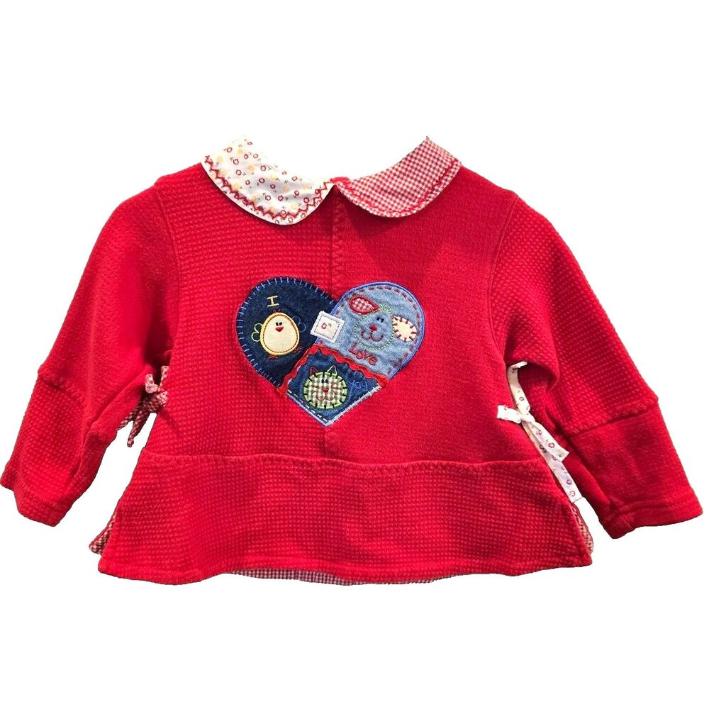 Vintage 1990s Buster Brown Baby Girls Top 12M Red Waffle Knit Heart Applique 90s